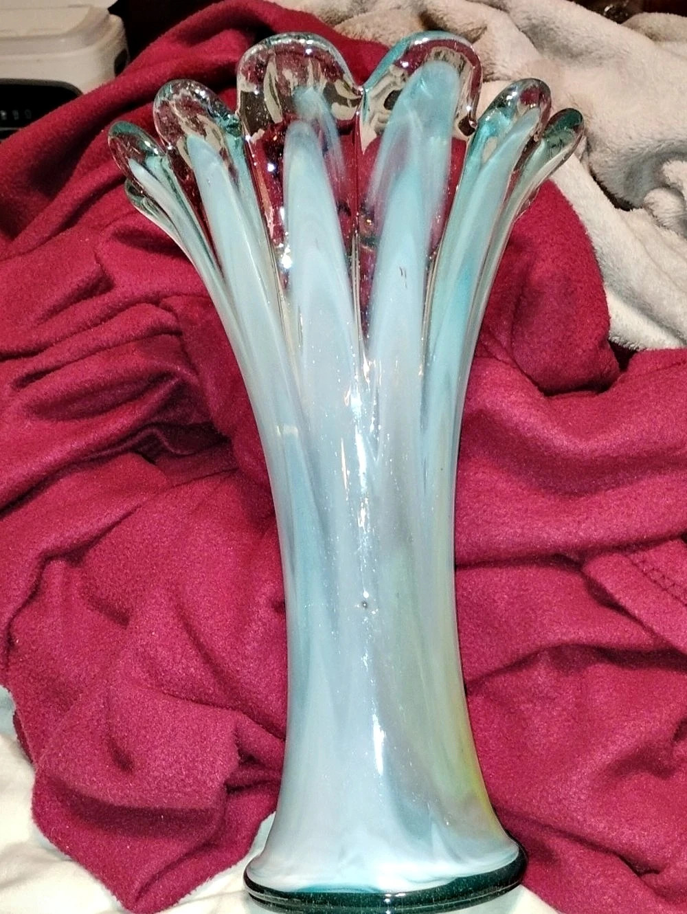 Vintage 1960s Murano Blue & White Art Glass Vase. Hand Blown Italian Art Glass